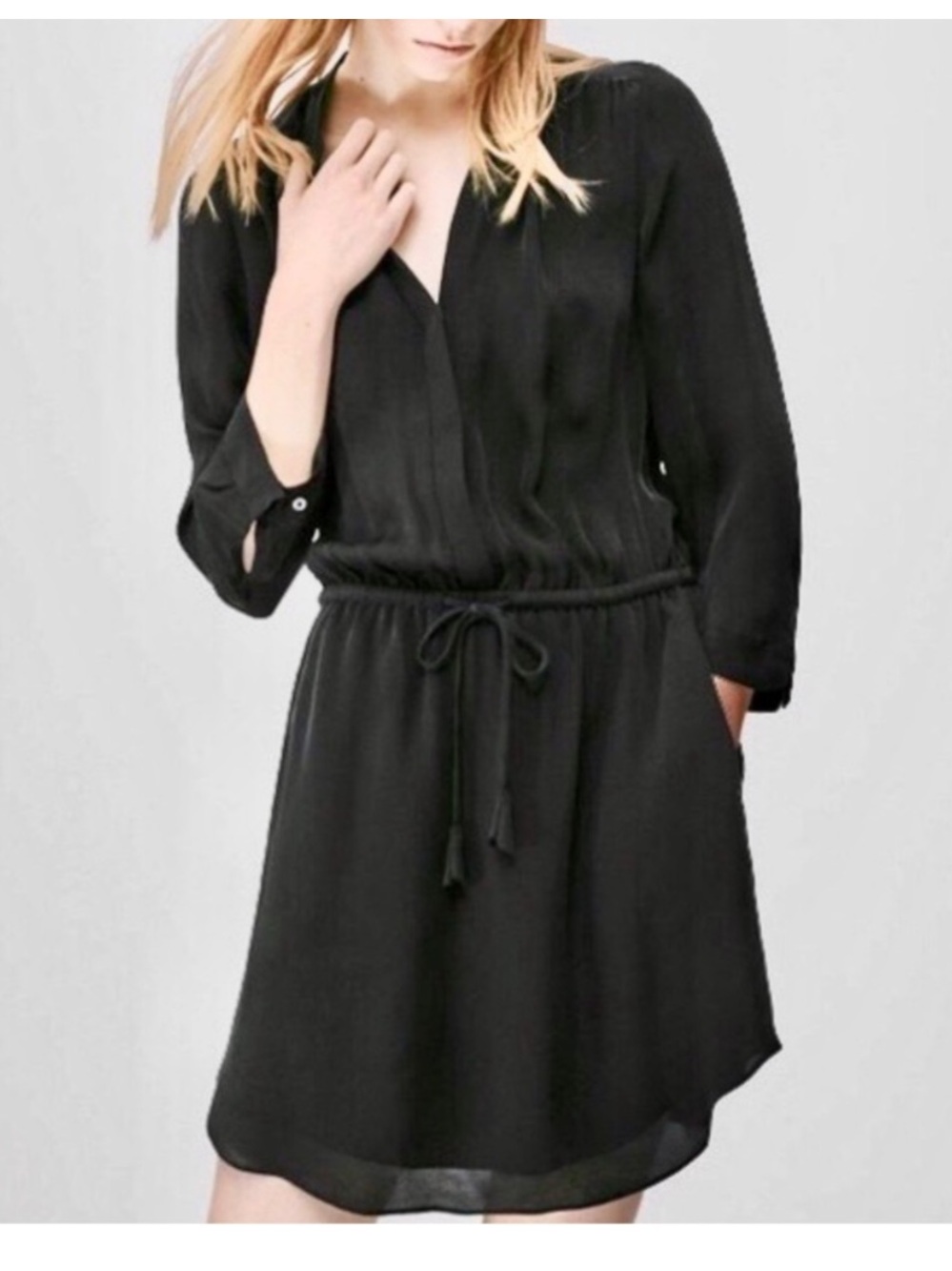 Babaton 100% Silk Black Shirt Dress Tie Waist 3/4 Sleeve Small Bohemian Classy